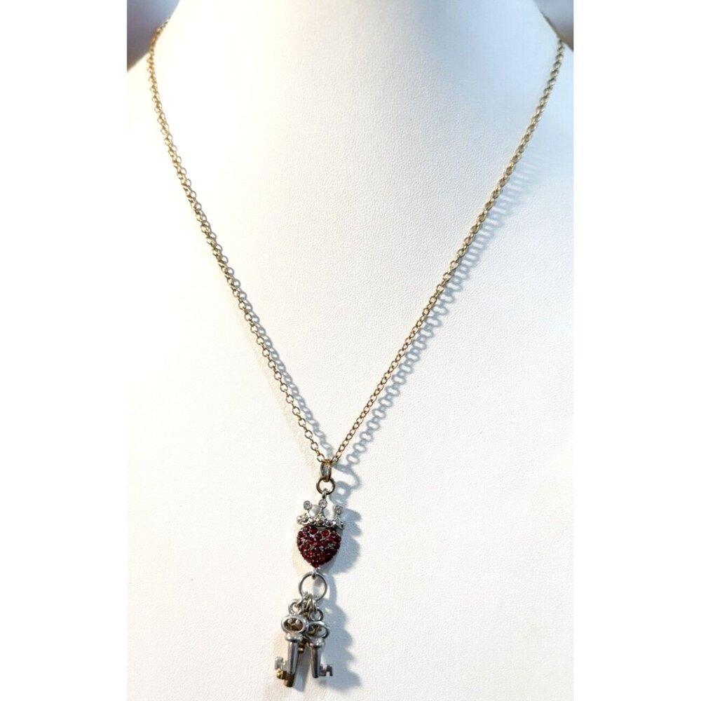 Guess Pendant Red Rhinestone Heart Crown Key Silver Gold Tone Necklace